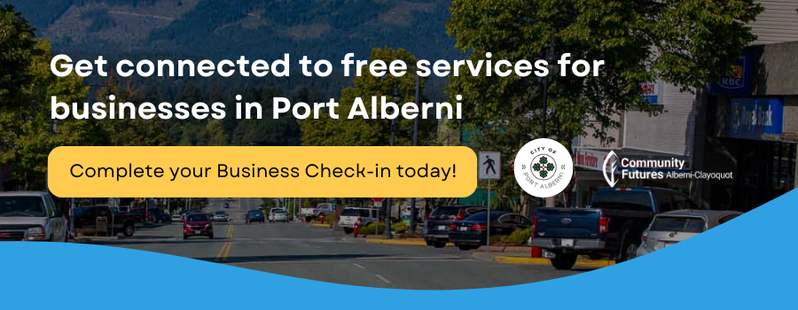 Photo of Port Alberni's Uptown area with text 