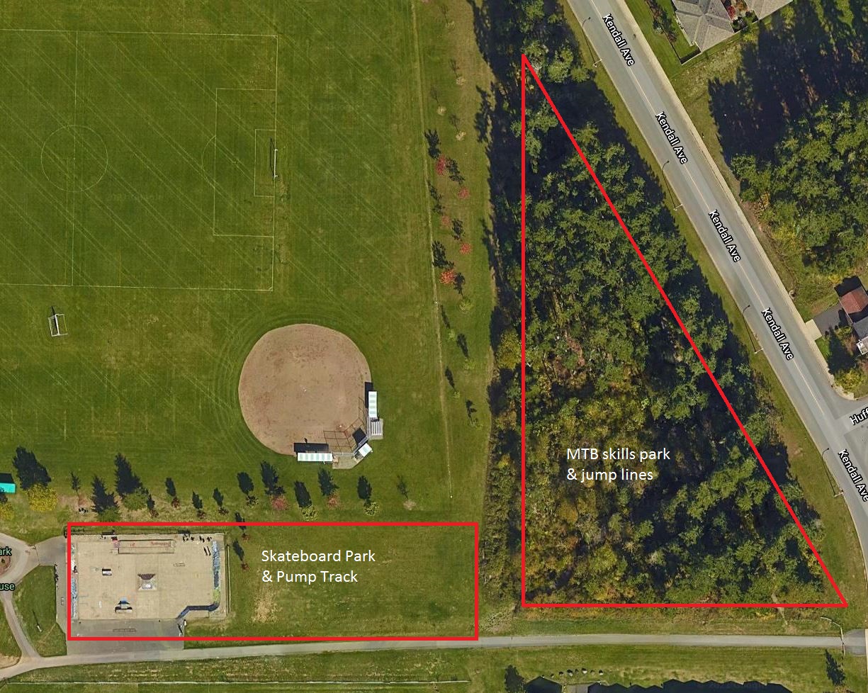 Map of site with areas separated for skateboard park & pupm track, and mountain bike area